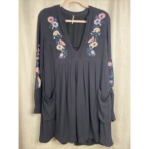 Free People Mia V Neck Gauze Floral Embroidered Tunic Dress w/ Pockets Size XS